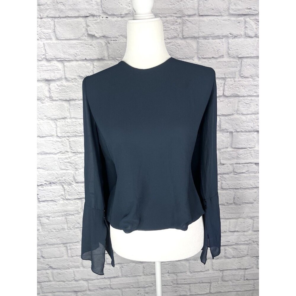 FRACOMINA Women's Navy Crop/Tie Back Flare Sleeve Blouse